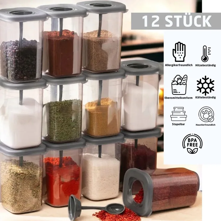 Jungengel Gewürzständer Vorratsdosen 12'er Set Gewürzdosen 450ml Aufbewahrungsboxen Küche, Anthrazit, BPA-Frei, Lebensmittelkomform, Spülmaschinenfest, Allergikerfreundlich