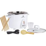 KeMar Reiskocher (700W, 1,8L, Weiß) Warmhaltefunktion + GRATIS Essstäbchen, Edelstahltopf und Glasdeckel spülmaschinengeeignet - Kompakt, inkl. Bambuslöffel & Messbecher, KRC-300, Dampfgarer, Rice