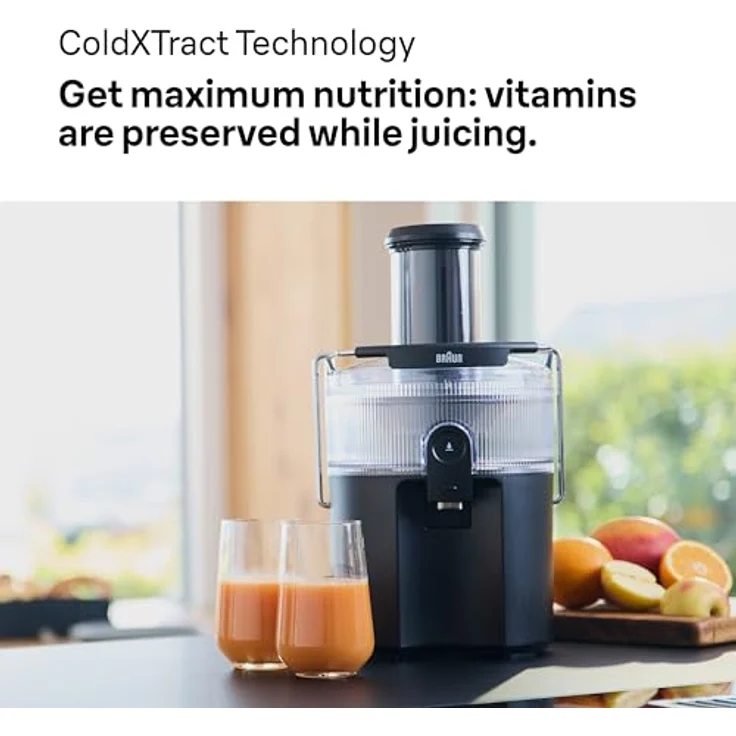 Braun MultiJuice 5 SJ500, Zentrifugalentsafter mit ColdXtract-Technologie, 75 mm Einfüllöffnung, 1,5L Fruchtsaftbehälter, Anti-Tropf-System, 800W, Schwarz – Bild 4