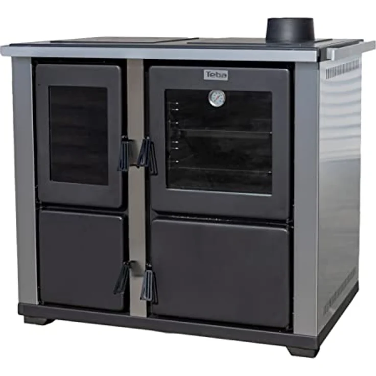 DanDiBo Kaminofen Teba TKS 18 Rechts 10 kW, Holzherd mit Kochplatte und Backfach, Edelstahl/Schwarz – Bild 3