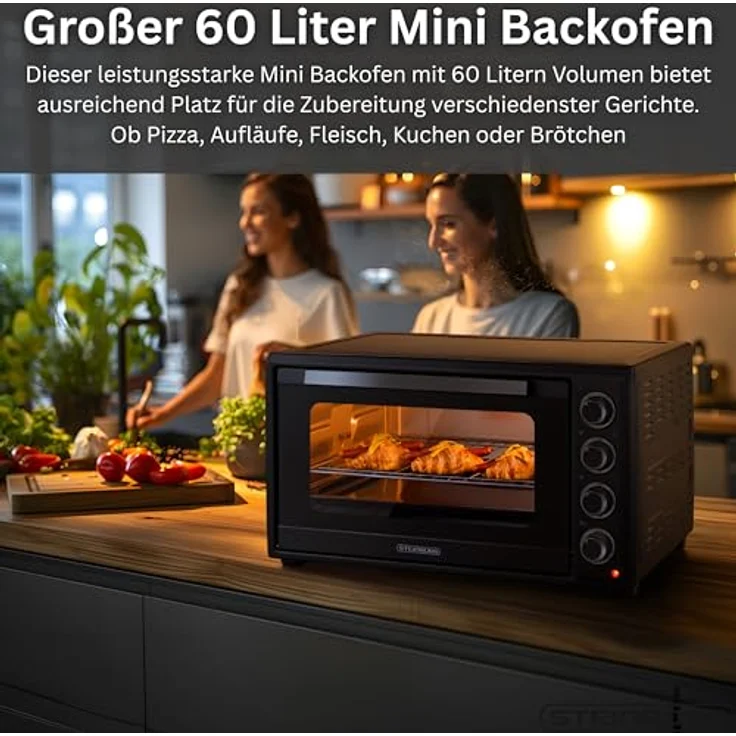 STEINBORG Minibackofen SB-3019, 60L, 2000W mit Umluft, Drehspieß und Timer, kompakt schwarz – Bild 2