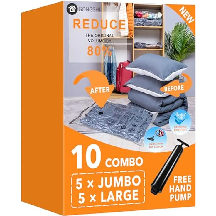 GONGSHI Vakuumbeutel Set für Kleidung, Bettdecken, Kissen & Matratzen, 10er Set mit 5 Jumbo (70x100 cm) und 5 Large (60x80 cm), luftdicht, wiederverwendbar, staub- und geruchssicher