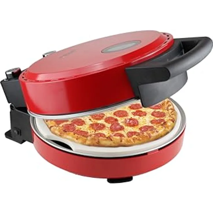 Bestron Pizzaofen APZ500R für knusprige Pizzen in 5-10 Minuten, elektrischer Pizzaofen mit bis zu echten 320°C Höchsttemperatur, inkl. Schamottstein & 2 große Holzspatel, Viva Italia, Rot