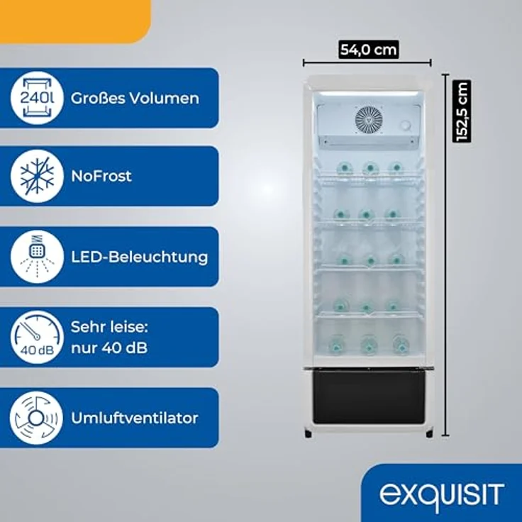 Exquisit GKS220-GT-430D, Glastürkühlschrank 240l mit LED, Umluft, 4 verstellbare Ablagen, 153 cm hoch, weiß – Bild 3