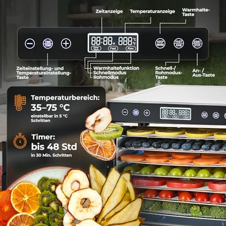 Balter Dörrautomat DA-108, Edelstahl Dörrgerät mit 7 Einlegefächern, 600 W, 35°–75°C, Timer bis 48 Std, BPA-frei, Warmhaltefunktion, inkl. Rezeptbuch – Bild 5