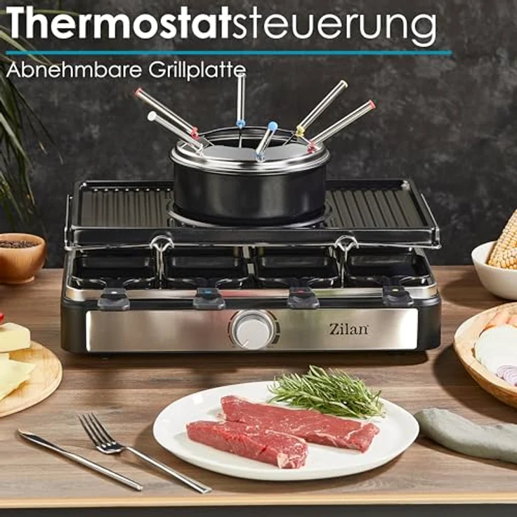 Raclette Grill mit Fondue Set | Raclette Gerät | 8 Personen | Tischgrill | Party Grill | Elektro Grill | Raclettegrill | Massive Naturstein- und beschichtete Grillplatte | Heizelement aus Edelstahl – Bild 5