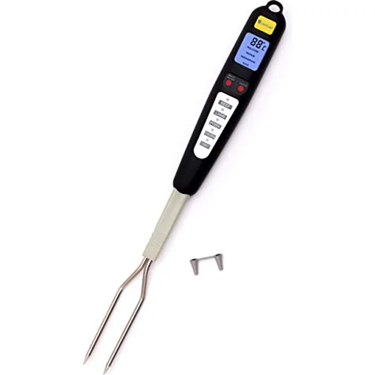 250 Grad digitales Grillthermometer Fleischthermometer Bratenthermometer Ofenthermometer mit Edelstahlsonden und blauer Hinterbeleuchtung Grillgabel mit 4 Programmen und 5 Fleischsorten