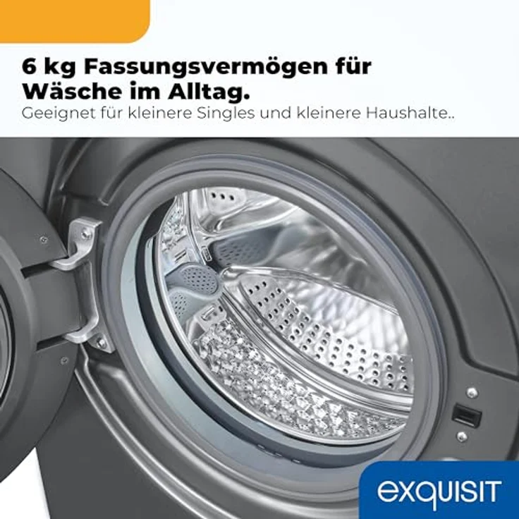 Exquisit WA56110-021A, schmale Waschmaschine 6 kg, Energieklasse A, 1000 U/min, Sportprogramm, leise 76 dB, inoxlook - Grau – Bild 6