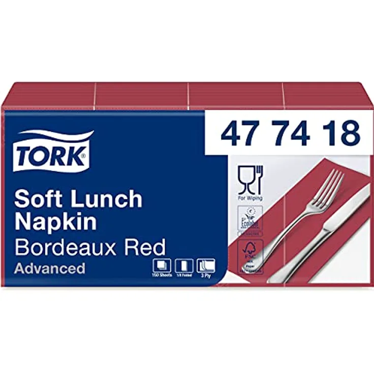 Tork 477418 Soft Lunchservietten Bordeauxrot 1/8 Falz / 3-lagige, vorgefaltete Servietten für kleine Gerichte und Snacks / Advanced Qualität / 10 x 150 (1500) Papierservietten / 32,6 x 33 cm (B x L)