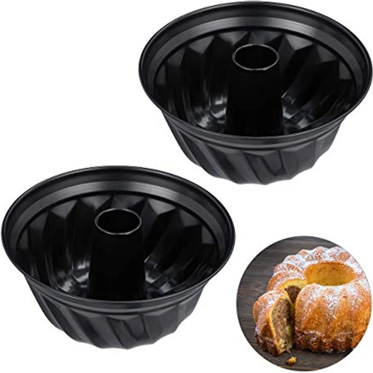 Relaxdays 2 x Gugelhupfform, Marmor- & Rührkuchen, antihaftbeschichtet, Ø 25 cm, Carbonstahl, runde Napfkuchenform, schwarz – Bild 1