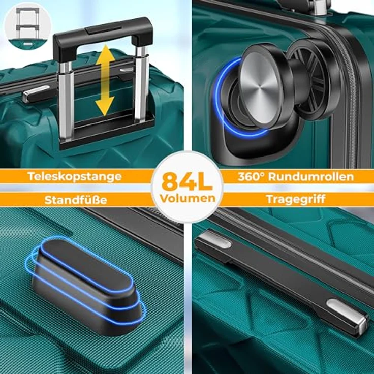 KESSER® Reisekoffer 84L ABS Hartschalenkoffer mit Zahlenschloss, Kofferwaage & Reisebrieftasche, 360° Rollen, Rollkoffer für Business & Reise in Petrol Teal – Bild 5