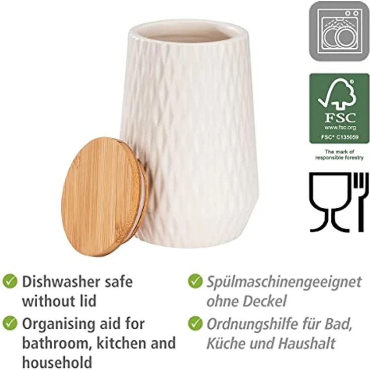 WENKO Aufbewahrungsdose Diamond, modernes 3er Set Keramik-Dosen mit Bambusdeckel und eleganter Rauten-Struktur zur Aufbewahrung in Küche oder Haushalt, Fassungsvermögen jeweils 0,6 Liter, Weiß/Braun – Bild 3