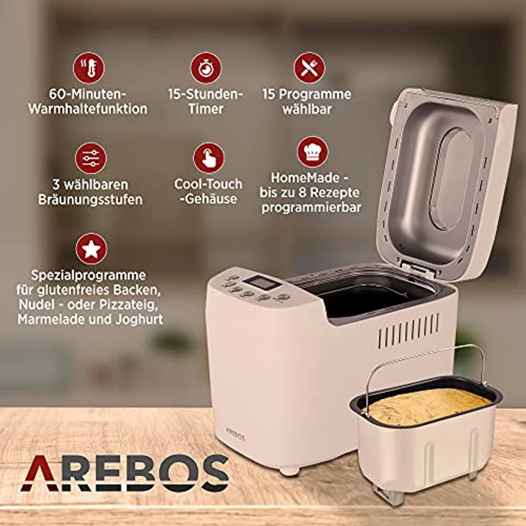 Arebos Brotbackautomat 1500g | mit 15 Programmen | 2 Knethaken | Timer | LCD Display | 3 Bräunungsgrade und Brotgrößen | 850 W | Weiß – Bild 3