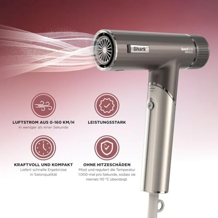 Shark SpeedStyle Pro FLEX Haartrockner, hohe Leistung & Power mit 4 Styling-Aufsätzen, leicht, keine Hitzeschäden, faltbarer Griff, für alle Haartypen, Mokka-Silber – Bild 3