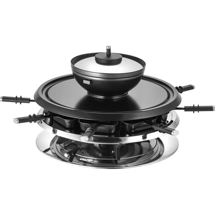 Unold RACLETTE Multi 4 in 1 für bis zu 8 Personen Fondue, Heißer Stein und Grill, Heizelement aus Edelstahl, Fonduetopf mit Decke, antihaftbeschichtete Grillplatte