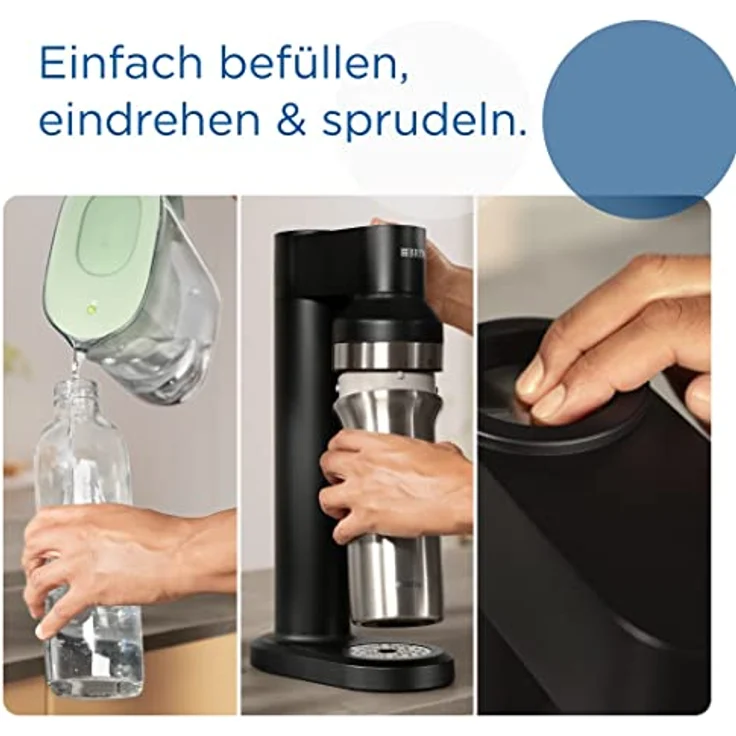 BRITA Wassersprudler sodaTRIO (schwarz) inkl. 1x Glasflasche (1l), 1x isolierte Edelstahlflasche schwarz (0,65l) & 1x BRITA CO2-Zylinder / macht aus Leitungswasser prickelndes Sprudelwasser zu Hause - Preisvergleich – Bild 3