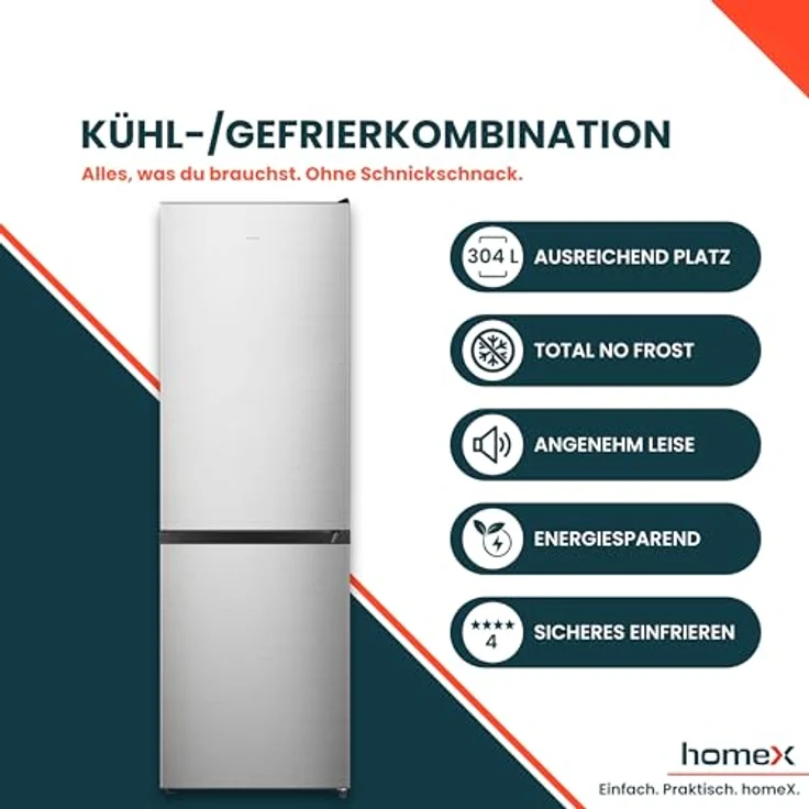 homeX CFSN3041A-S, Kühl-Gefrier-Kombination No Frost, 304 Liter, freistehend, leise 35 dB, Silber – Bild 2