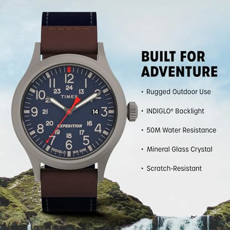 Timex Herren Armbanduhr TW4B141009J, blaues Nylonband mit braunem Echtlederbesatz, 40 mm Gehäuse, Indiglo Leuchtzifferblatt – Bild 4