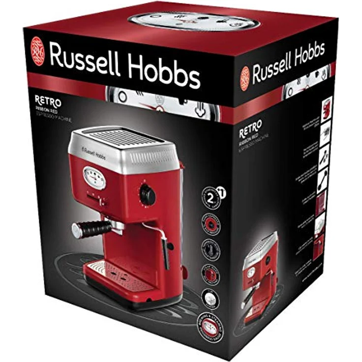 Russell Hobbs Espressomaschine Retro Rot Siebträger (15 Bar, 2 Tassen-Einsätze, 1,1l abnehmbarer Wassertank, Dampf-Milchschaumdüse, Portionierlöffel mit Tamper) Kaffeemaschine, 28250-56 – Bild 2