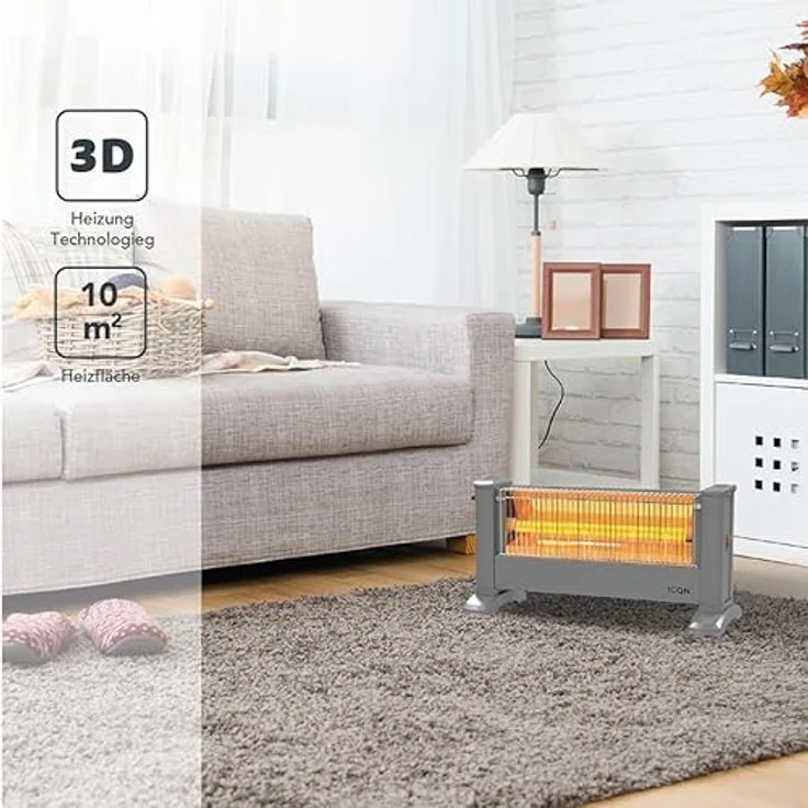 ICQN Infrarot Standheizstrahler, Elektroheizung mit 900 W für Räume bis 10m², Silber, 135 cm Kabel, IP20 zertifiziert – Bild 4