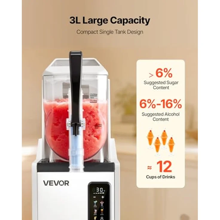 VEVOR Slush Maschine X-30, 3 L Eisbereiter mit Selbstreinigungsfunktion, 350 W für Frozen Margaritas und Shakes, transparentes Polycarbonat, weiße LED-Beleuchtung – Bild 4