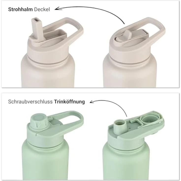 VINSUN Edelstahl Trinkflasche grün 1L, auslaufsicher, kohlensäuregeeignet, BPA-frei, mit Strohhalm und Trinköffnung, Thermoflasche für Sport, Schule und Camping – Bild 2