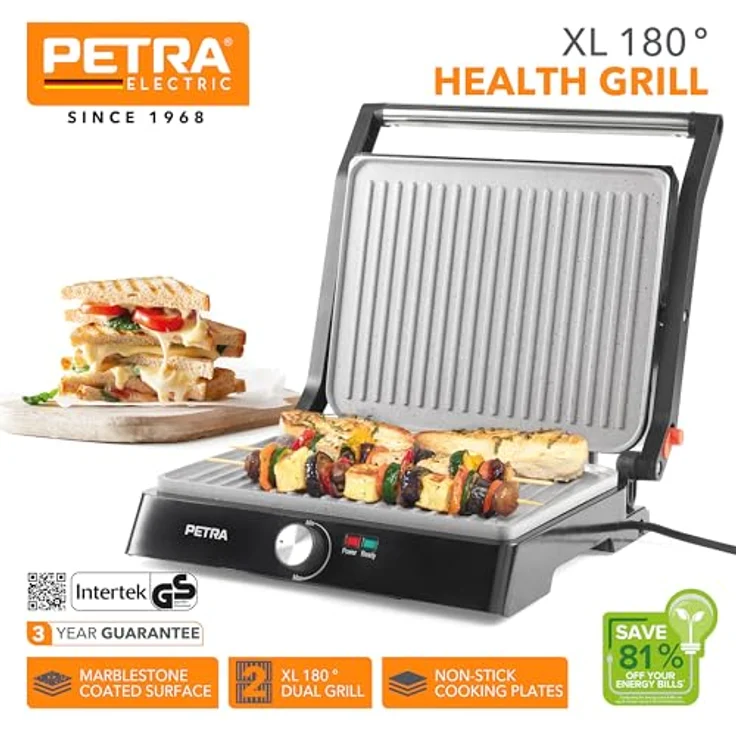 Petra PT4076VDEEU10 XL 180° Elektrogrill und Panini-Presse - Sandwichtoaster mit marblestone Antihaftbeschichtung, Fettarmes Grillen - Tischgrill, ausklappbar für 2 Kochflächen, Gemüse, Fleisch, Spieße – Bild 3