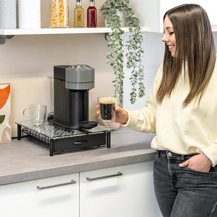 eluno Kapselhalter für 40x Nespresso Vertuo, Schubladenbox mit Glas-Maschinenständer aus Metall und Glasplatte, transparent, ca. 33,5 x 9 x 41 cm (B/H/T) – Bild 2
