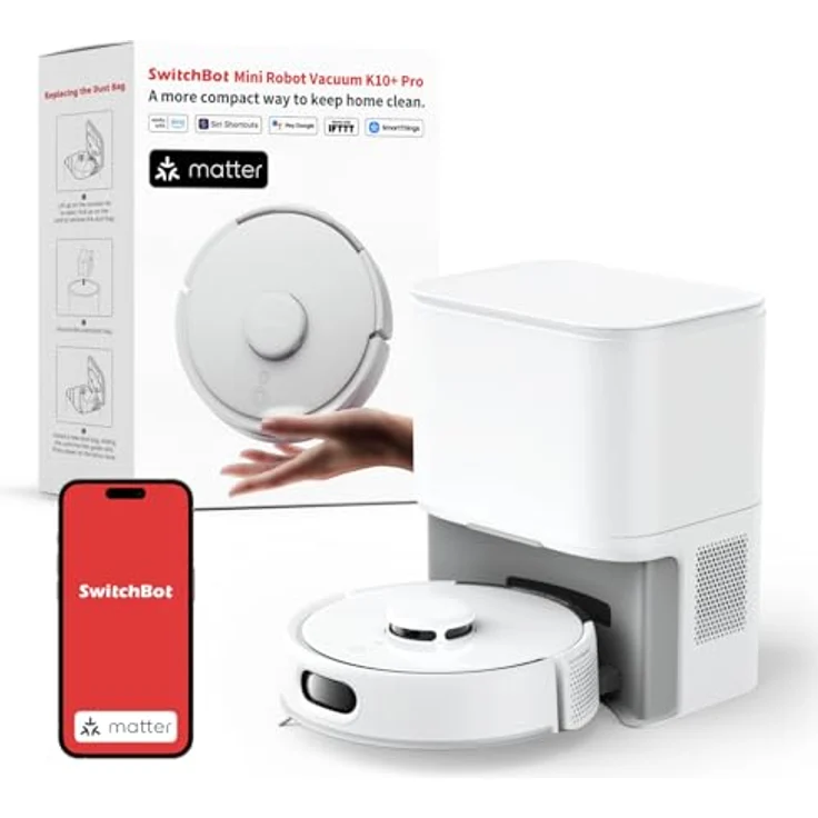 SwitchBot K10+ Pro Saugroboter mit Absaugstation 90 Tage, 45dB Ultraleise, Mini Staubsauger Roboter mit LiDAR-Navigation für Große Eckenabdeckung, Einweg-Feuchttücher zum Wischen, kompatibel mit Alexa – Bild 1