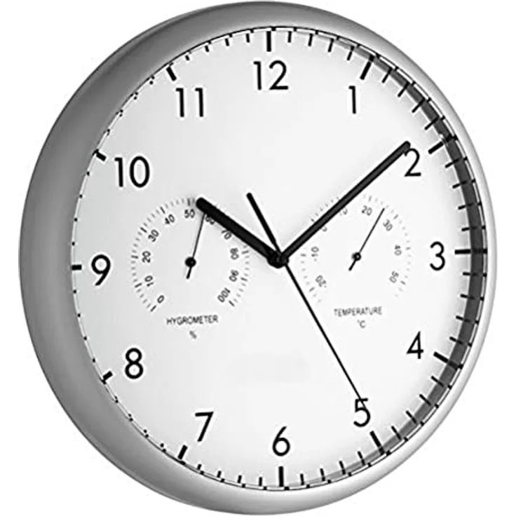 TFA Dostmann Analoge Wanduhr mit Thermometer und Hygrometer, 98.1072, inkl Batterien, zum Hängen, silber, (L) 265 x (B) 45 x (H) 265 mm