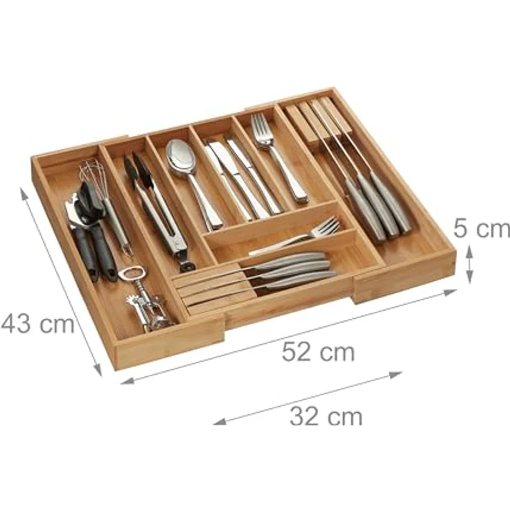 relaxdays Besteckkasten Ausziehbarer Besteckkasten aus Bambus, 8 Fächer, inkl. 2 Messerblöcke, natur – Bild 2