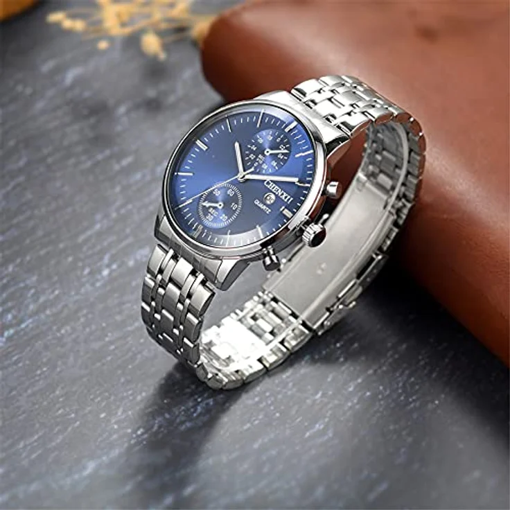 JewelryWe Herren Armbanduhr Edelstahl Quarz Analog Quarzuhr mit Kalender, 3ATM wasserdicht, Silber Blau – Bild 2