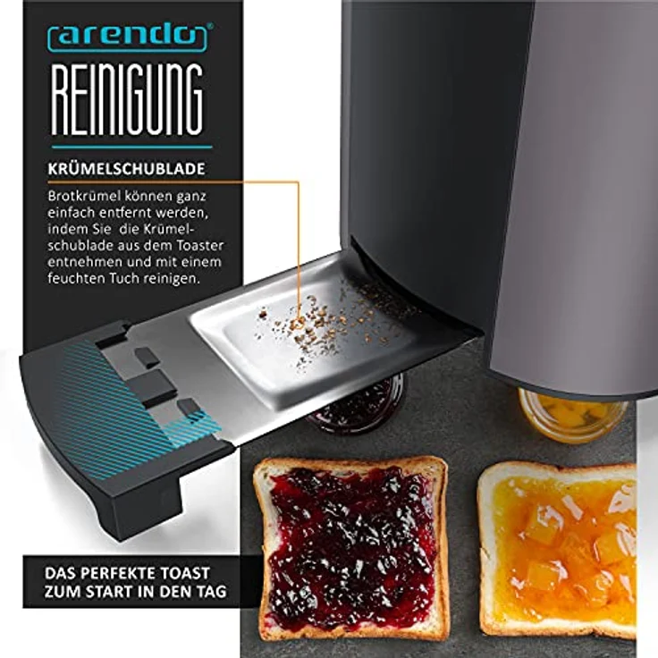 Arendo Toaster Langschlitz 2 Scheiben 1000W mit Defrost Funktion und Bräunungsgraden 1-6, Edelstahl/schwarz – Bild 5