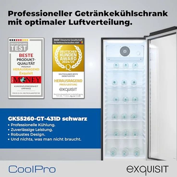Exquisit GKS5260-GT-431D, Glastürkühlschrank mit 280l Volumen, LED-Beleuchtung, Umluft, 5 verstellbare Ablagen, schwarz – Bild 2