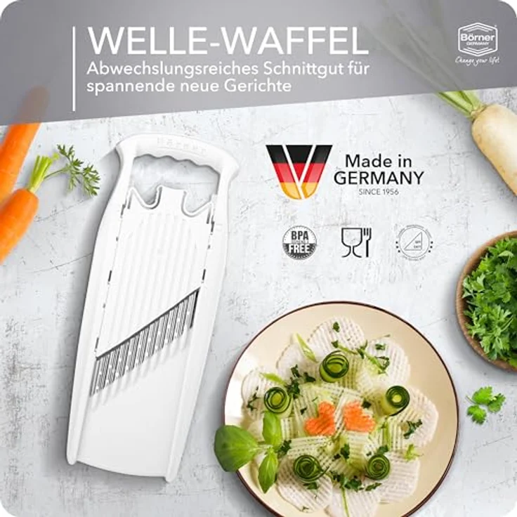 Börner Gemüseschneider Welle-Waffel PowerLine, vielseitiger Kartoffelschneider mit 3 Schnittstärken und integrierter Kindersicherung – Bild 4