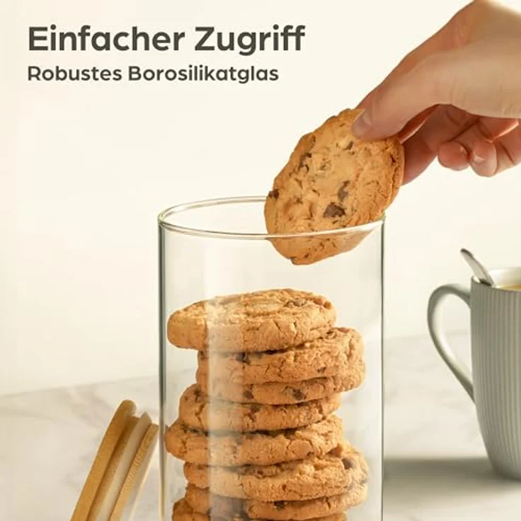 Niboline Praknu Vorratsgläser mit Deckel Luftdicht - 4er Set Borosilikatglas Bambusdeckel 1,2 L Transparent - Aufbewahrungsgläser mit hygienischer Spülmaschinenreinigung – Bild 6