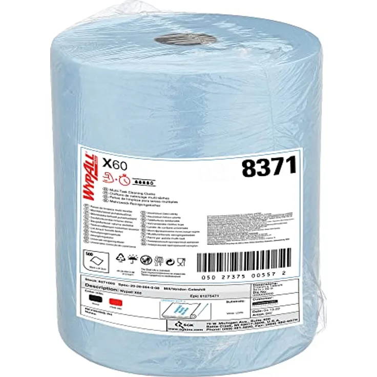 WypAll X60 Tücher 8371 auf Großrolle – 1 Großrolle mit 500 blauen, 1-lagigen Tüchern