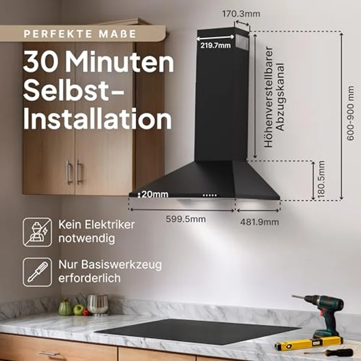 LEVIVO Dunstabzugshaube 60 cm A+++ mit 410 m³/h, Umluft & Abluft, 2 Aktivkohlefiltern, 2 Fettfiltern, Wandhaube, 3 Stufen, Edelstahl – Bild 7