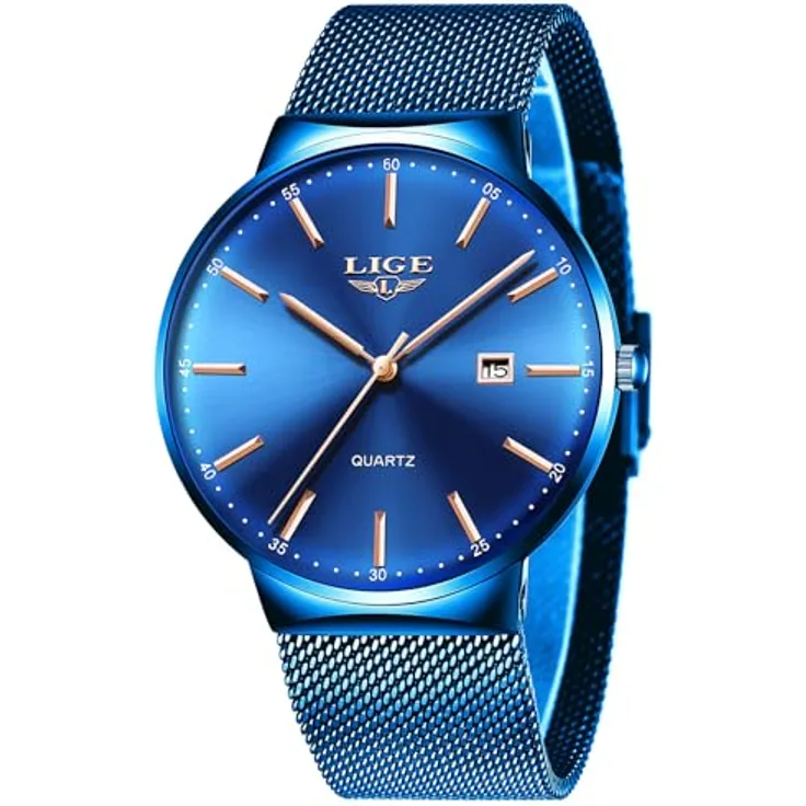 LIGE Herren Uhr Blau, Analoge Quarz-Armbanduhr mit Roségold-Zeigern, Kalender und Edelstahl-Gitterband, 3ATM wasserdicht, Luxus für Business und Freizeit