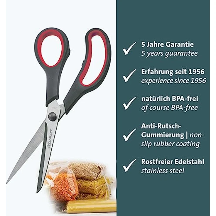 Westmark Haushaltsschere 21 cm – Allzweckschere ideal für das Schneiden von Kunststoff, Papier, Pappe und mehr – rostfreier Edelstahl, PP, TPR, schwarz, rot – Bild 2