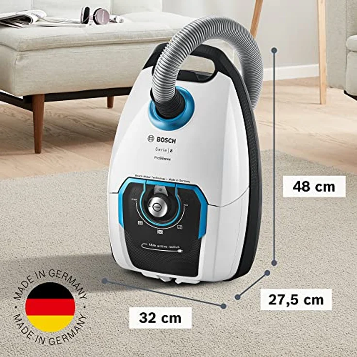 Bosch Staubsauger mit Beutel ProSilence Serie 8 BGB75XSIL, Bodenstaubsauger, ideal für Allergiker, Hygiene-Filter, 10 Jahre Motorgarantie, Hartbodendüse, langes Kabel, Made in Germany, 650 W, weiß – Bild 2