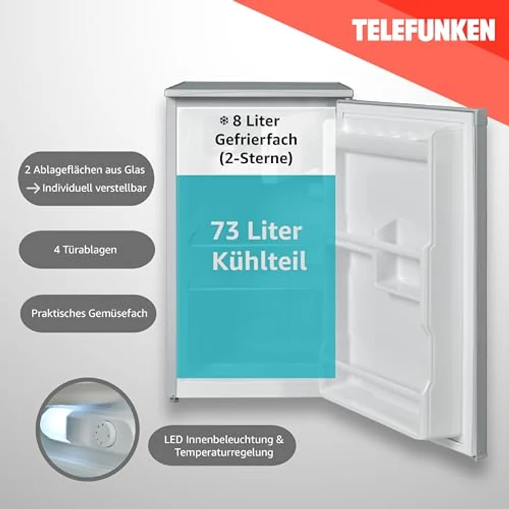 Telefunken Kühlschrank mit Gefrierfach (2-Sterne) | Freistehend | 81 Liter | Kühlschrank klein | CF-32-152-S silber – Bild 3