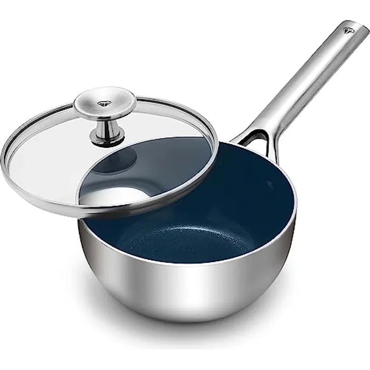 Blue Diamond Cookware Triple Steel Edelstahl Keramik Antihaft, 16 cm/1,2L Stielkasserolle mit Deckel, Tri-Ply, PFAS-frei, Mehrschichtig, Induktion, Spülmaschinenfest, Backofenfest, Silber