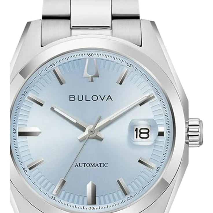 Bulova Automatikuhr Surveyor 96B469, Herrenarmbanduhr aus Edelstahl mit hellblauem Zifferblatt, Kalenderfunktion, kratzfestem Synthetik-Saphirglas – Bild 3