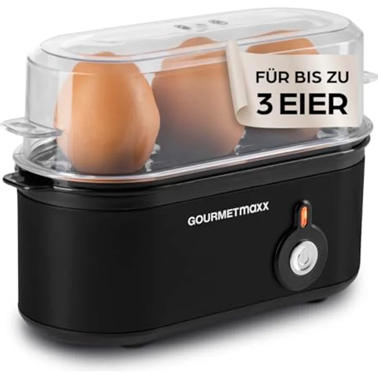 GOURMETmaxx Eierkocher für 3 Eier, kompakt mit Eierstecher und 3 Härtegraden, Schwarz – spülmaschinenfeste Teile – Bild 1