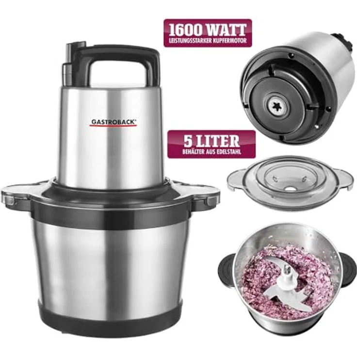 GASTROBACK #40966 Design Multizerkleinerer Professional 5 L, Silber, Schwarz - Mit 1600 Watt Motor und 2 Geschwindigkeitsstufen, ideal für große Mengen Zwiebeln, Knoblauch und Parmesan. – Bild 2