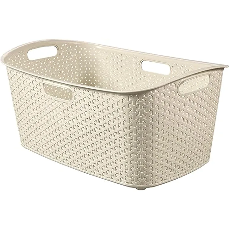 Curver My Style Korb, rechteckig, 50 L, Rattan-Optik, Kunststoff, elfenbeinfarben, mit 4 ergonomischen Griffen, 60 x 39 x 27,8 cm