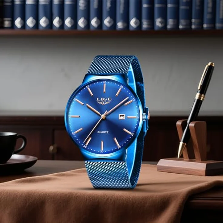 LIGE Herren Uhr Blau, Analoge Quarz-Armbanduhr mit Roségold-Zeigern, Kalender und Edelstahl-Gitterband, 3ATM wasserdicht, Luxus für Business und Freizeit – Bild 2