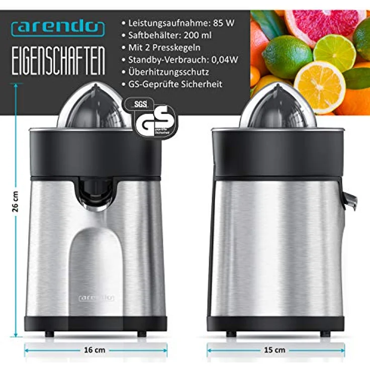Arendo Zitruspresse Saftpresse mit 2 Presskegeln, 85 W Silber-Schwarz – Bild 2