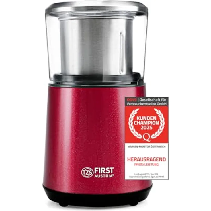 TZS First Austria Kaffeemühle elektrisch, 200W, 27.000 U/min, 4 Edelstahlklingen, abnehmbarer 50g Behälter, Einhandbedienung, leise, kompakt, leicht zu reinigen, mit Kabelaufwicklung